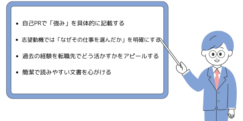 ・自己PRで「強み」を具体的に記載する・志望動機では「なぜその仕事を選んだか」を明確にする・過去の経験を転職先でどう活かすかをアピールする・簡潔で読みやすい文章を心がける
